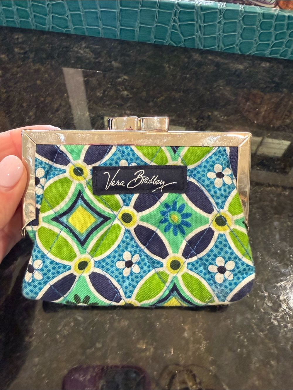 Vera Bradley Quilted Geo Floral Clasp Coin Purse in Blue & Green